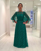Charming Dark Green A-Line Mother of Bride Crew Cap Sleeves Long Lace Bridesmaid Dress